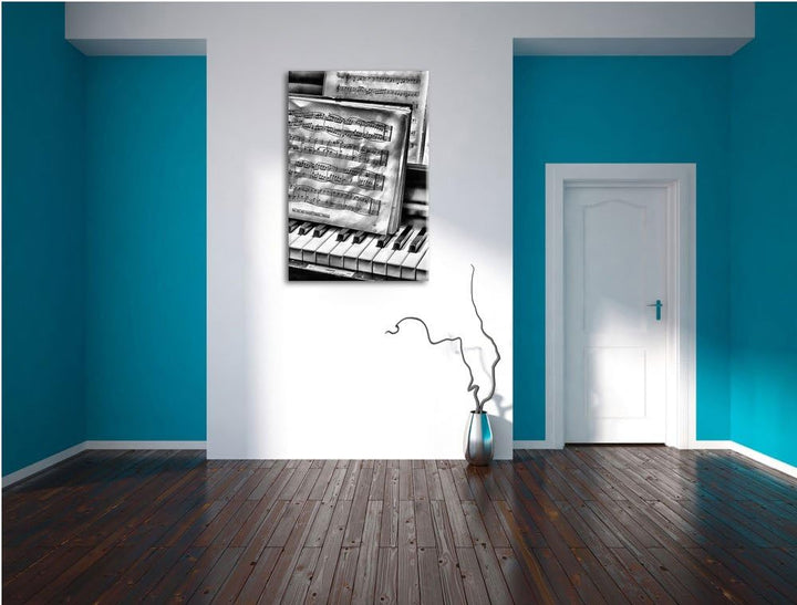 Pixxprint Klavier mit Notenblätter / 100x70cm Leinwandbild bespannt auf Holzrahmen/Wandbild Kunstdru