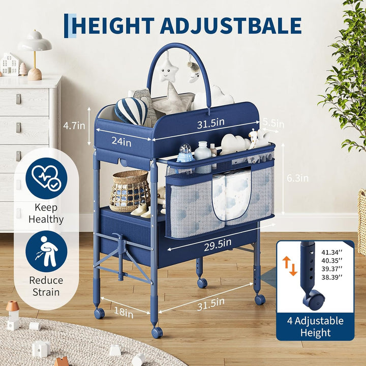 Höhenverstellbarer Wickeltisch Klappbar, Mobiler Wickeltisch Mit Rädern & 2 Schubladen, Wasserdichte