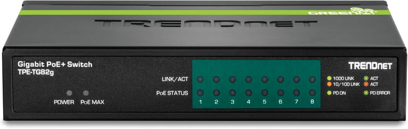 TRENDnet TPE-TG82G 8-Port GREENnet Gigabit PoE+ Switch, 61W PoE Leistung, 16 Gbit/s Schaltkapazität,