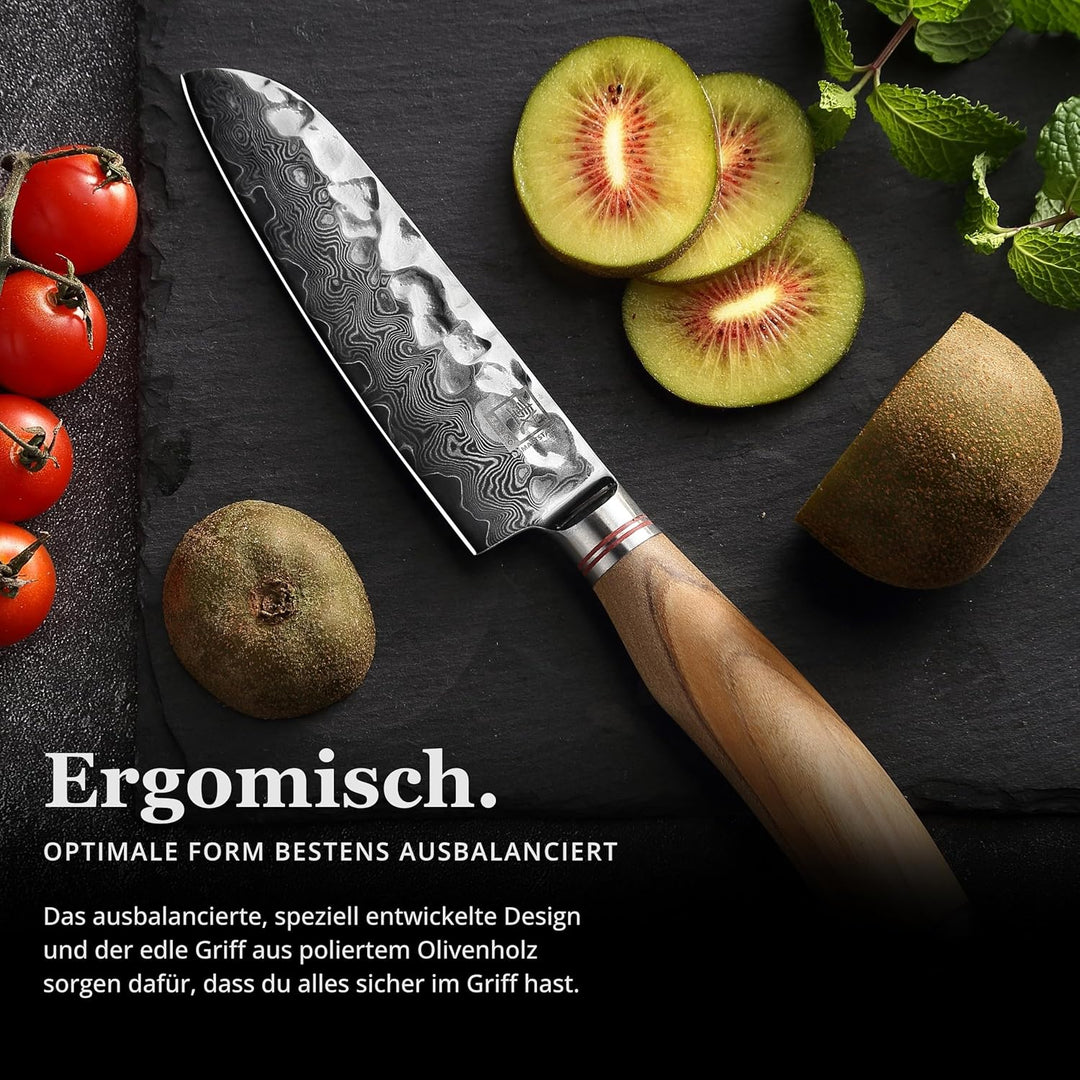 zayiko Olive Damastmesser kleines Santoku 12cm Klinge extrem scharf aus 67 Lagen I Damast Küchenmess