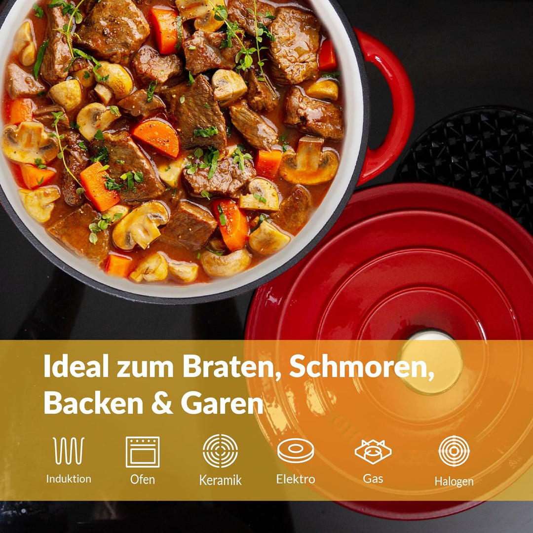 Gusseisen Topf 26 cm 4,7 L emailliert - Schmortopf mit Deckel Induktion - Gusseisen Bräter Topf Brot