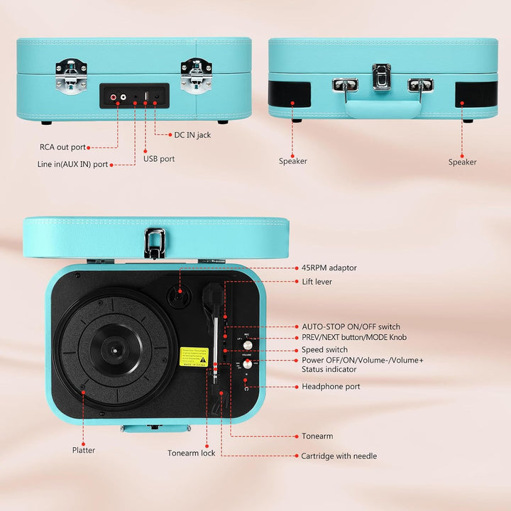 Plattenspieler mit Lautsprechern & Bluetooth 5.4 | Schallplattenspieler 33/45/78 U/min | USB-Digital
