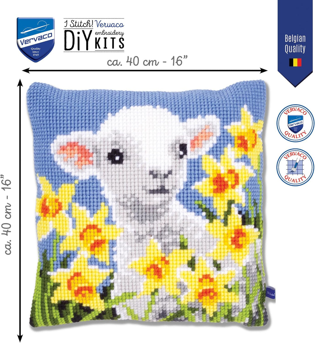 Vervaco Kreuzstichkissen Lamm Kreuzstickpackung vorgedruckt, Stramin, weiss, 40 x 40 x 0,3 cm
