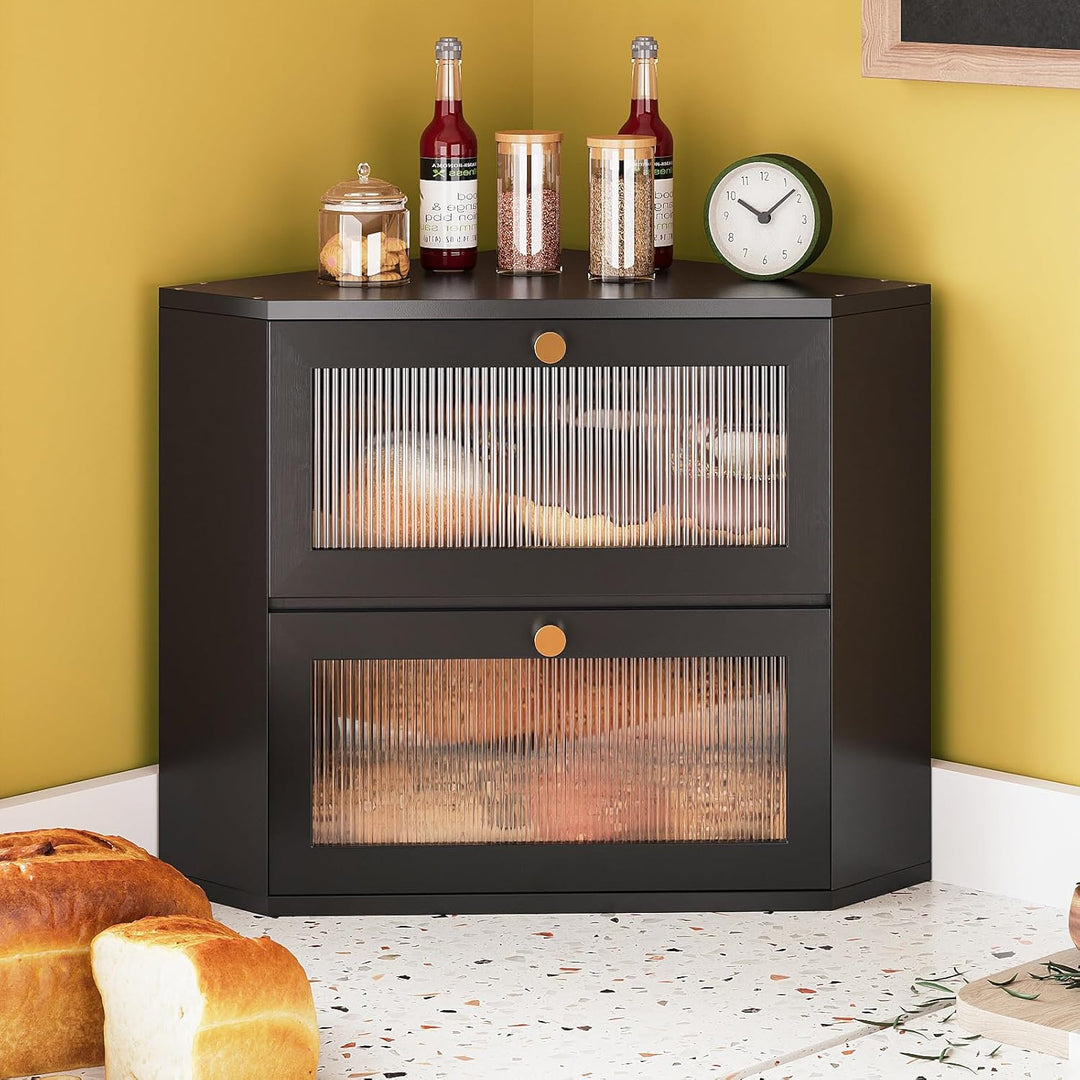 VEDECASA Bambus Brotkasten für Küche 2-Etagen Eck-brotkasten mit transparenter Acryl-Tür lebensmitte