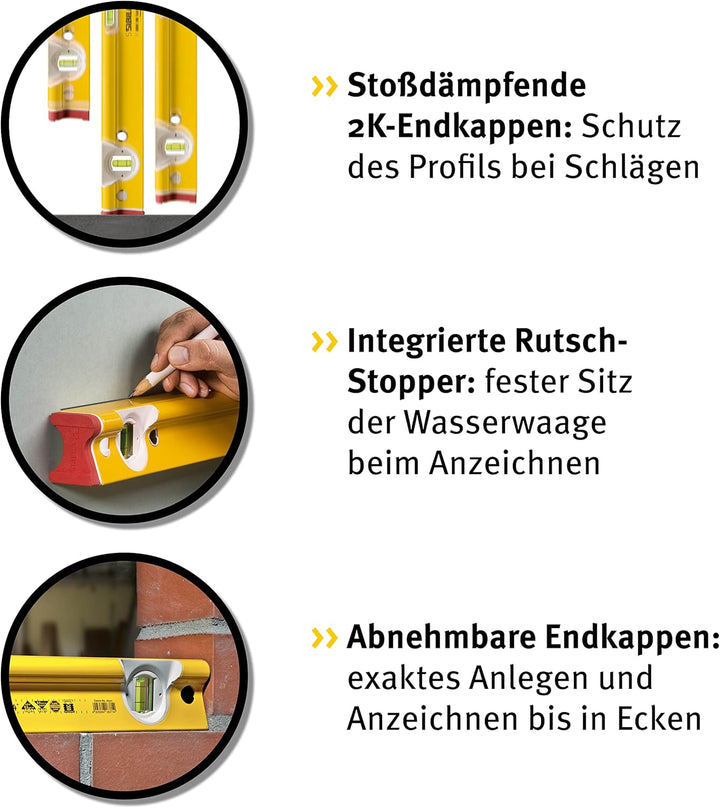 Stabila Wasserwaage Type R 300, 183 cm, verwindungssteifes Alu-R-Profil, 1 Horizontal-Libelle, 2 Ver