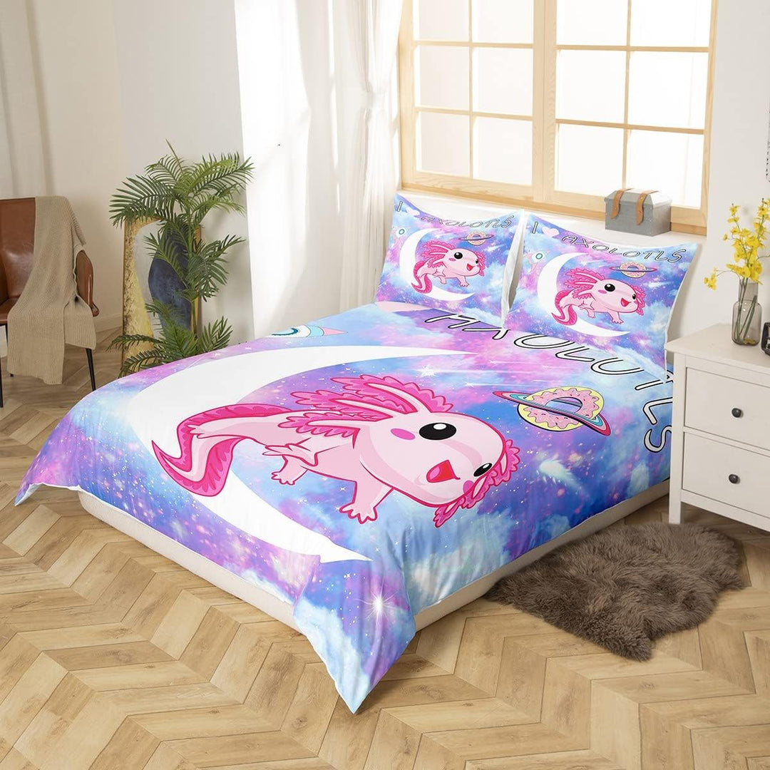 Loussiesd Kawaii Axolotl Betten Set Karikatur Axolotl Rosa Lila Galaxis Bettwäsche Set 135x200cm 3D