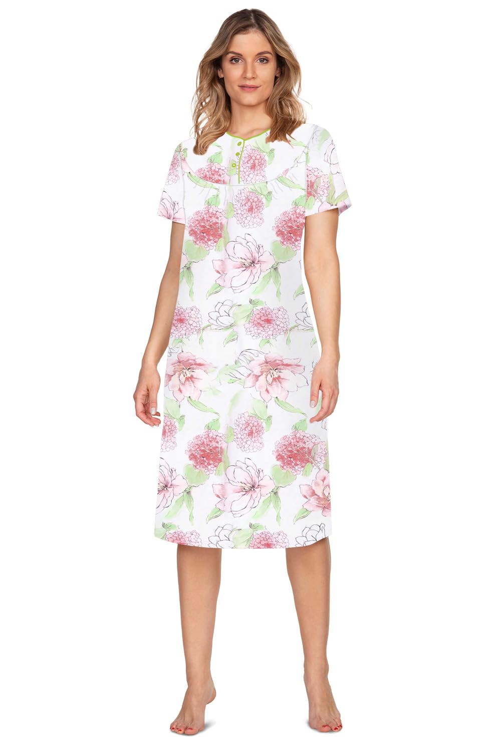 e.Femme® Damen Nachthemd Kate 2348 Kurzarm, 100% Baumwolle Grüne Hortensien 38, Grüne Hortensien 38