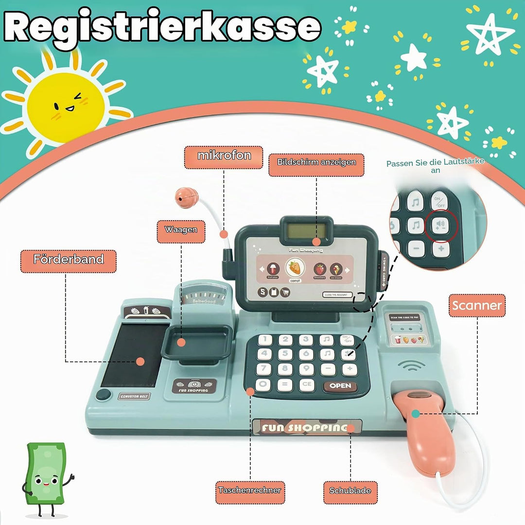 Kinder Kasse Spielzeug Supermarkt Registrierkasse mit Scanner, Sound, Essen, Kreditkarten-Geschenk,