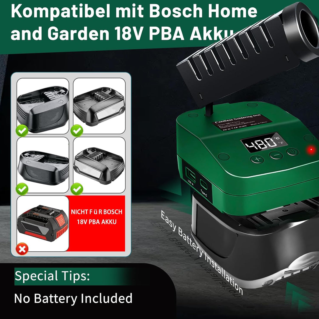 Akku Lötkolben für Bosch Home and Garden 18V PBA Akku, 60W Cordless Lötkolben Einstellbar Temperatur