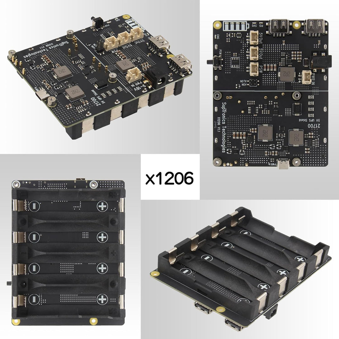 Geekworm X1206 4-Cell 5V UPS Shiled for Raspberry Pi 5, Max 5.1V 6A Output|Auto Power On|Safe Shutdo