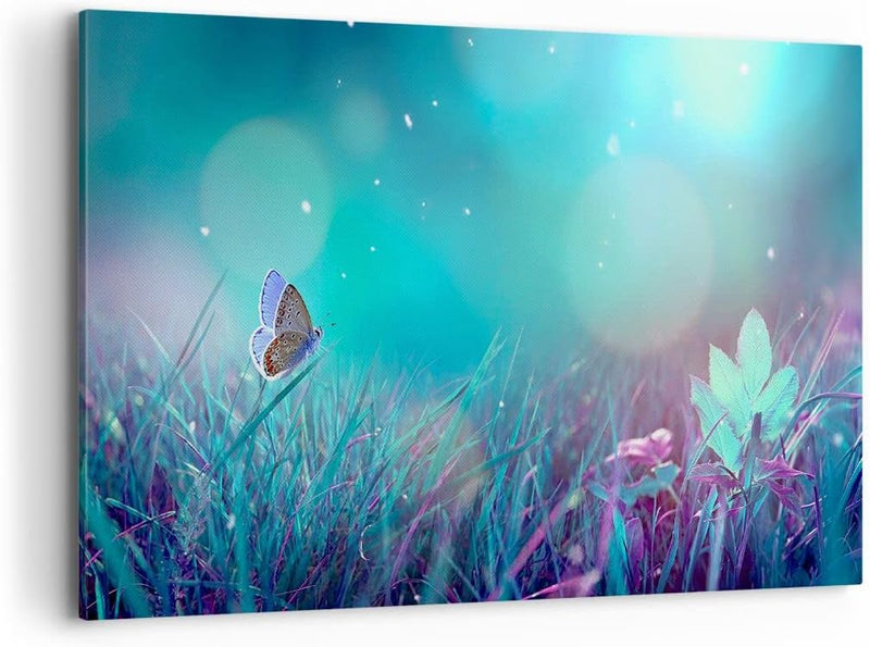 Bilder auf Leinwand 100x70cm Leinwandbild Schmetterling Wiese Blume Gross Wanddeko Bild Schlafzimmer