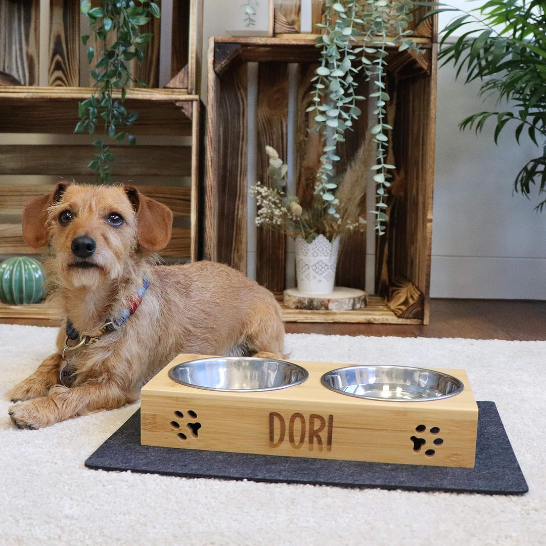 LAUBLUST Futterstation mit Name Personalisiert für Hunde - Natur | 31x15x6 cm - Futternapf & Wassern