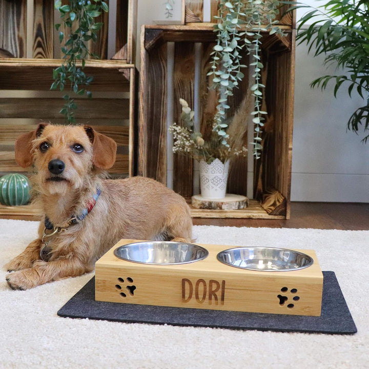 LAUBLUST Futterstation mit Name Personalisiert für Hunde - Natur | 31x15x6 cm - Futternapf & Wassern
