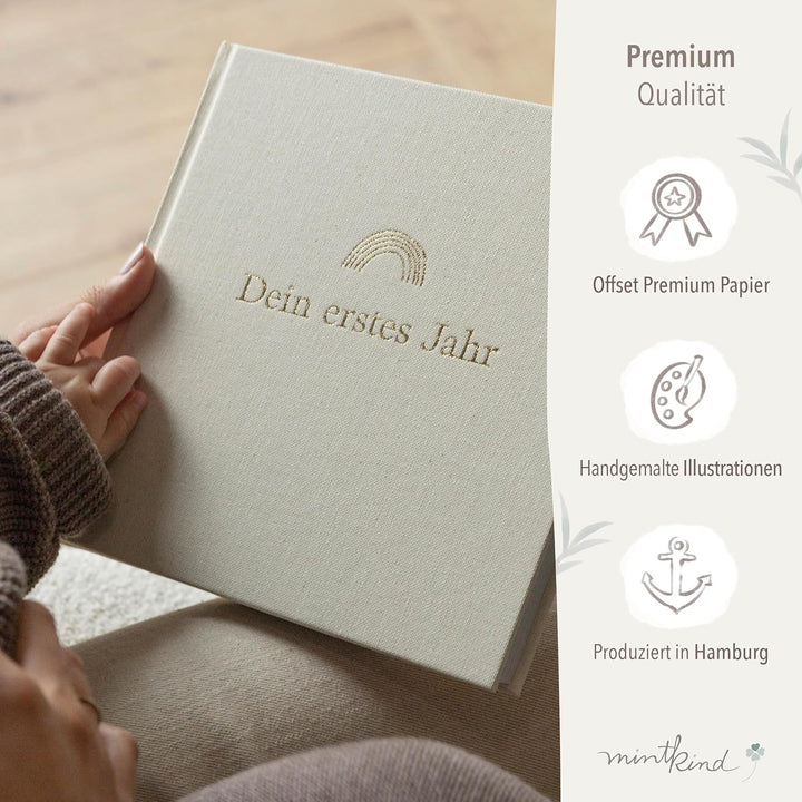 mintkind® Mein erstes Jahr Babyalbum Beige Leinen – zeitloses Babytagebuch mit 176 Seiten und Sticke