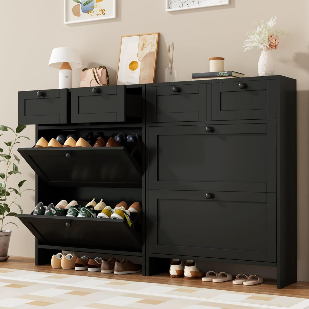 VOWNER Schuhschrank mit 2 Klappfächer, Schuhregal Schuhkipper Schmal, mit 4 Fächern, Verstellbar, An