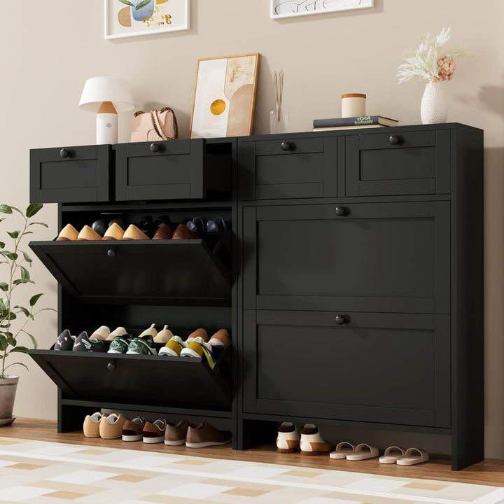 VOWNER Schuhschrank mit 2 Klappfächer, Schuhregal Schuhkipper Schmal, mit 4 Fächern, Verstellbar, An