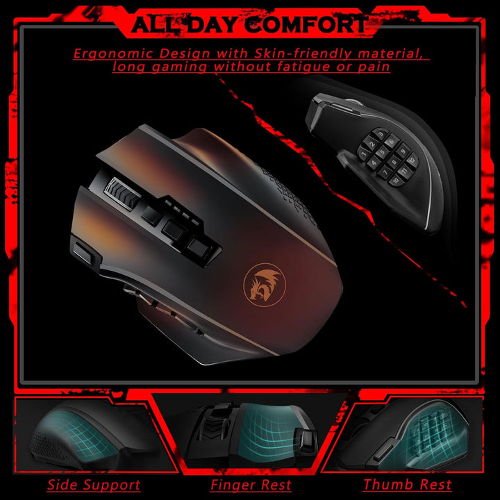 Redragon Wireless Gaming Maus RGB, 16000 DPI, Optische 2.4G/USB-C MMO Maus mit 16 Programmierbaren T