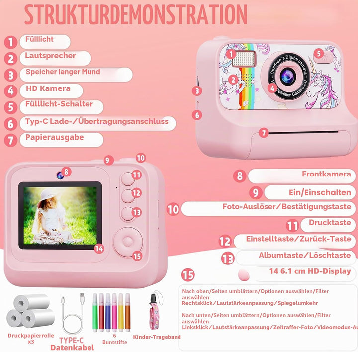 Kinderkamera Sofortbildkamera, 2,4 Zoll Bildschirm 1080P HD Kinderkamera, mit 32GB Karte und 3 Rolle