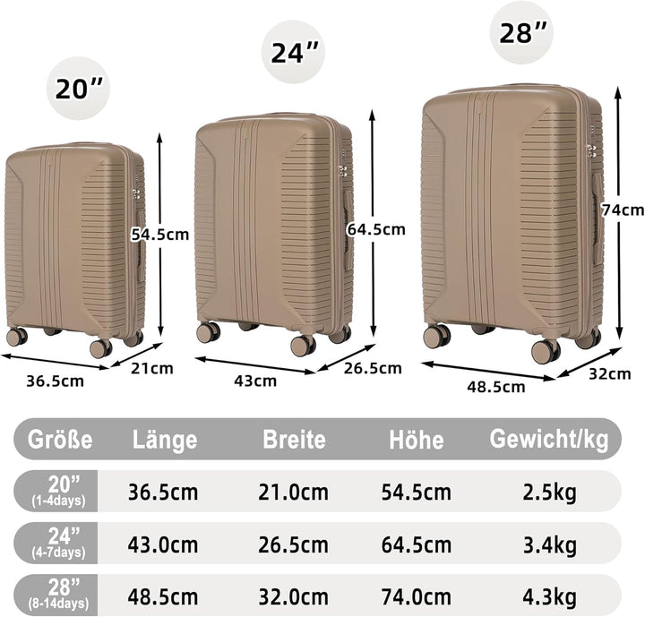 Hartschalen-Koffer Trolley Handgepäck Rollkoffer, Reisekoffer Set mit 4 Rollen, 3er Gepäckset, Champ