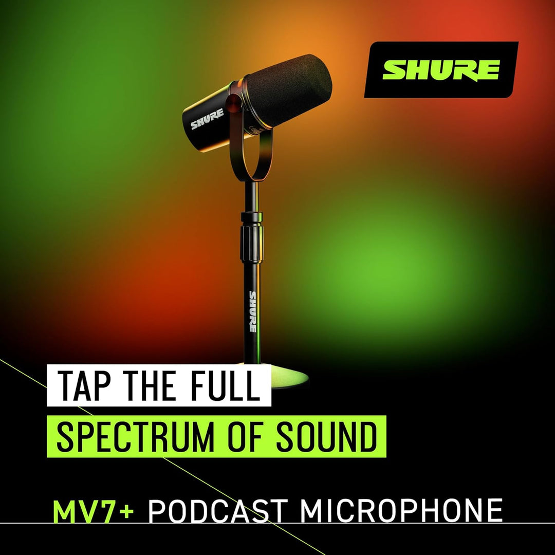Shure MV7+ Podcast Mikrofon mit Mikrofonständer-Verbessertes Audio, LED-Touchpanel, USB-C- und XLR-A