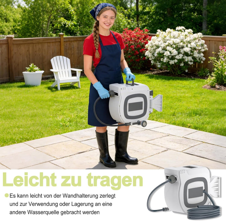 Schlauchtrommel Wasser 30 m, Gartenschlauch Trommel mit 10‑Funktions Sprühdüse, Automatischer Schlau
