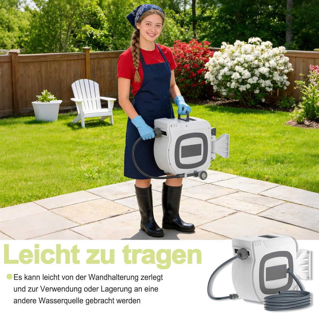 HENGMEI Schlauchtrommel Wasser 30+2m Wandmontage Schlauchaufroller Garten Schlauchbox mit Automatik-