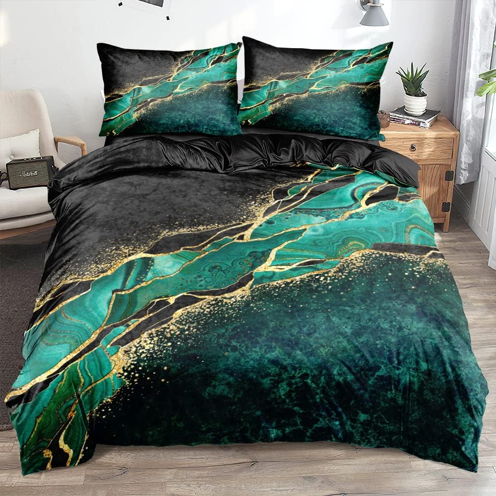 Luowei Bettwäsche Marmor 200x220 Schwarz Grün mit Kissenbezüge, Mikrofaser Schwarz 200x220cm+80x80cm