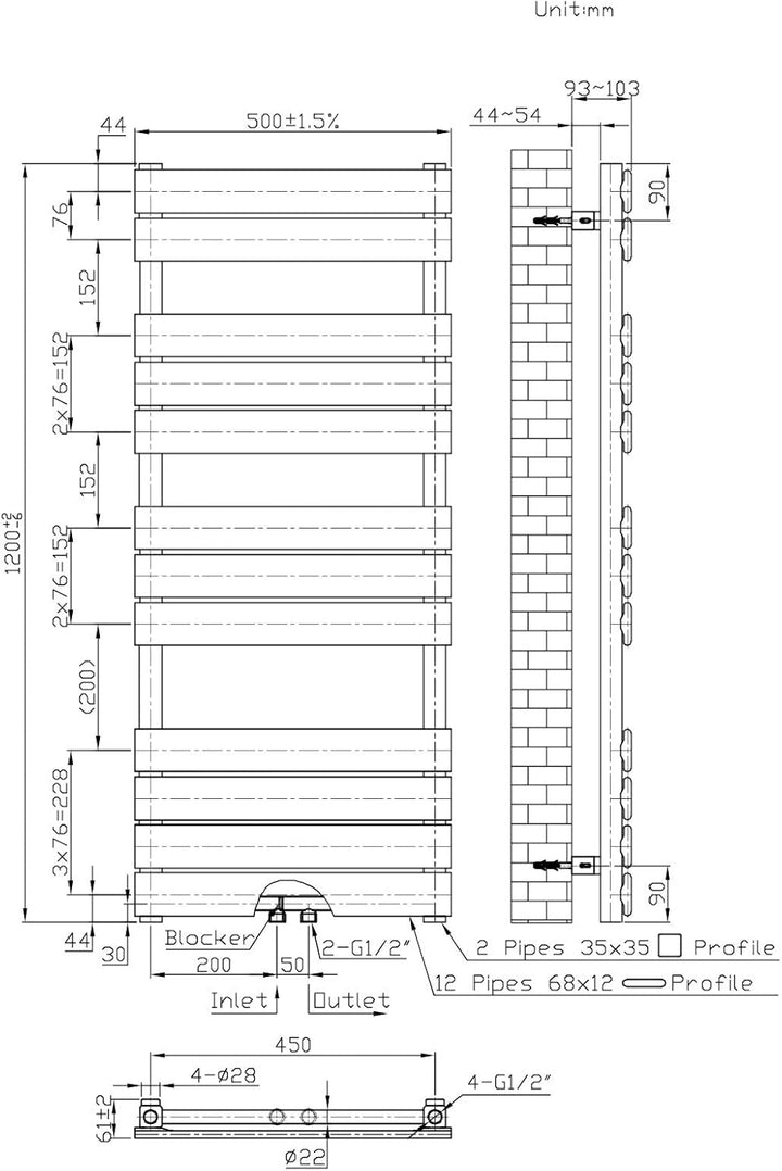 WEBER Badheizkörper Mittelanschluss Design Handtuchheizkörper Handtuchwärmer NEU in ver. Grössen (50