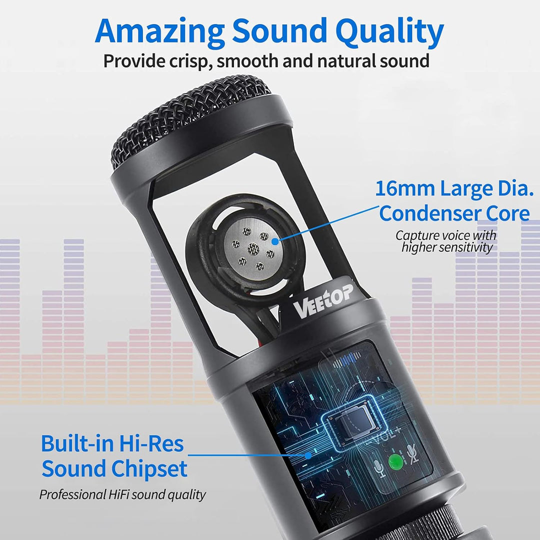 Veetop USB Mikrofon PC Microphone mit hochqualitativer 192 kHz 24 Bit Abtastrate Standmikrofon Konde