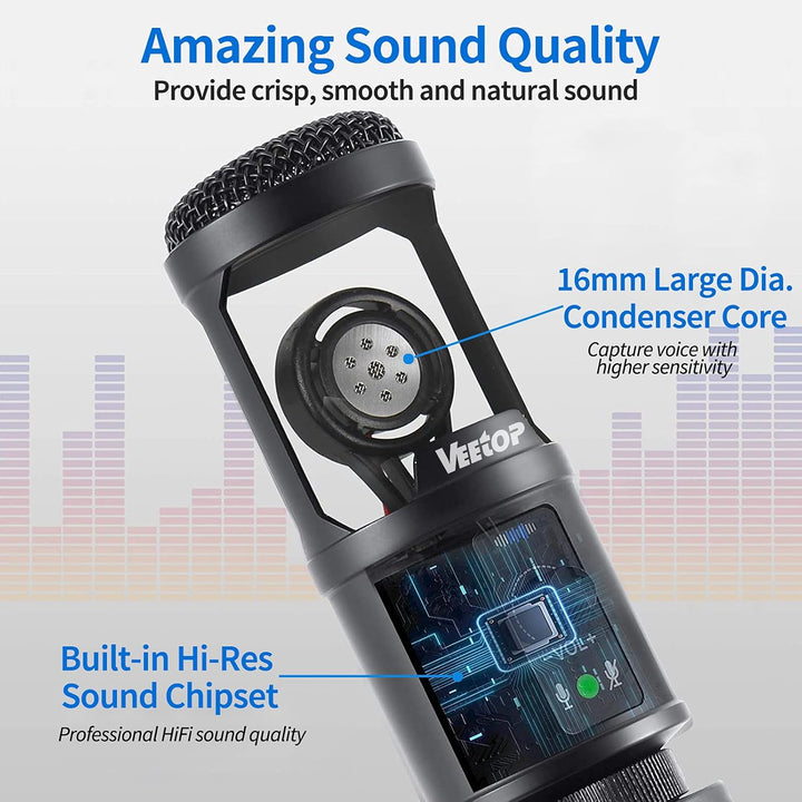 Veetop USB Mikrofon PC Microphone mit hochqualitativer 192 kHz 24 Bit Abtastrate Standmikrofon Konde