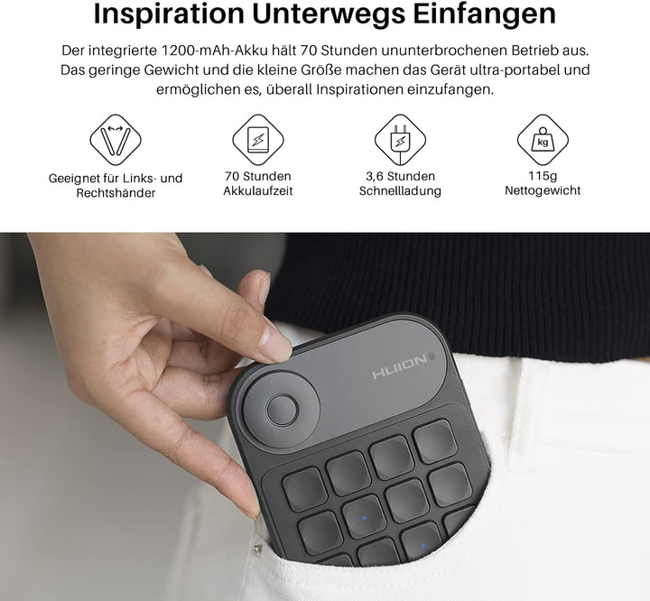 HUION Bluetooth 5.0 Keydial Mini K20, KD100 2.0 Kabellose Tastatur mit Dial Controller + 18 Benutzer