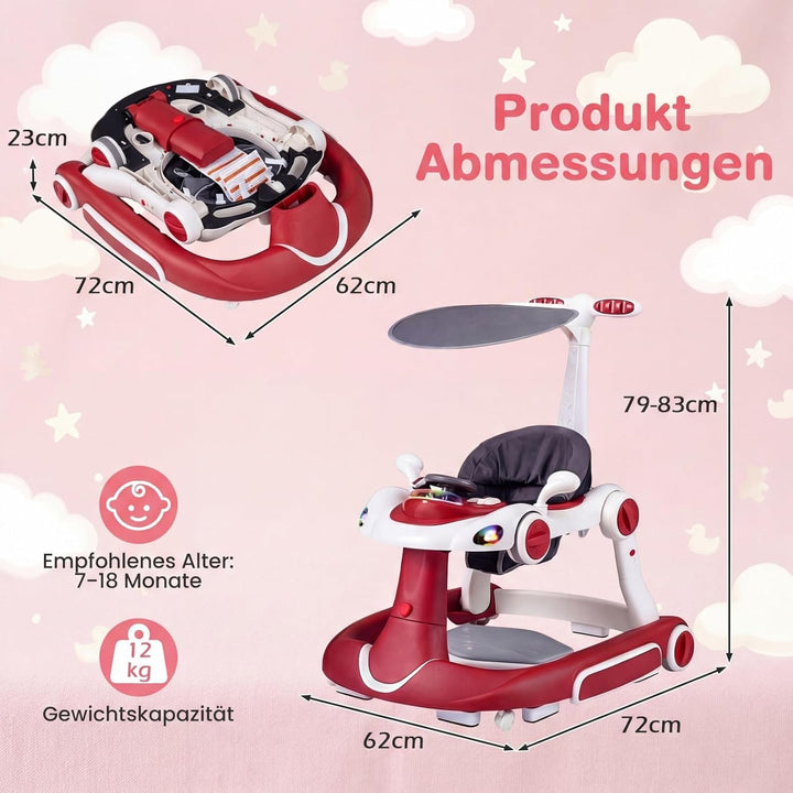FANTASK 7 in 1 Lauflernhilfe mit abnehmbarem Verdeck, Lauflernwagen höhenverstellbar mit Spielboard,