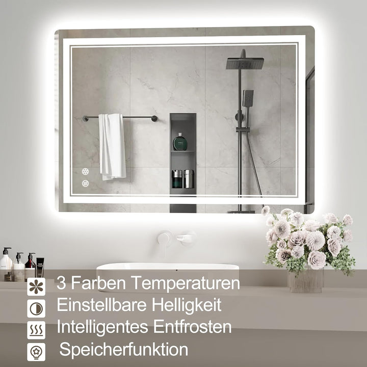 Badspiegel mit Beleuchtung 70x50 cm, Badezimmer Beleuchteter Wandspiegel mit Led 3 Farben, Stufenlos