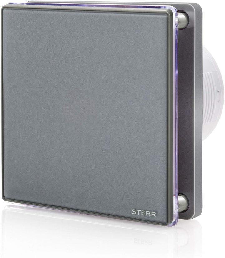 STERR Grauer Badlüfter 100 mm mit LED - Badezimmerventilator - Glasfront - Modernes Aussehen - BFS10