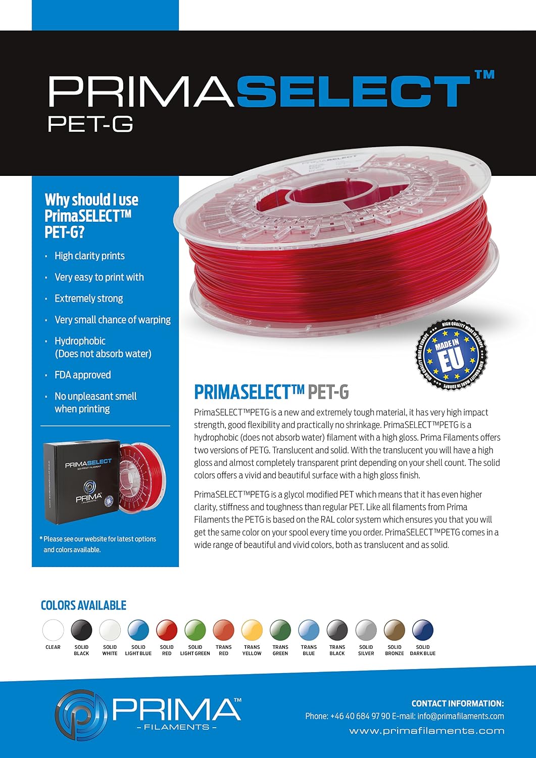 PrimaCreator PrimaSelect 3D Drucker Filament - PETG - 1,75 mm - 750 g - Hellblau Hellblau 1,75 mm -