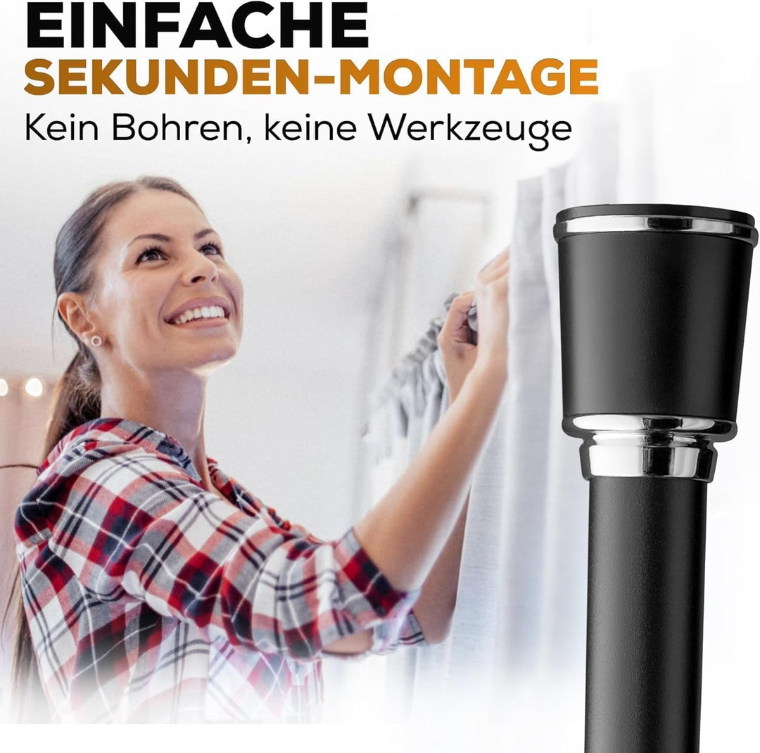 Duschvorhangstange ohne Bohren 170-220cm, Schwarz, Ø 32 mm, Teleskop Gardinenstange Klemmen - Vorhan