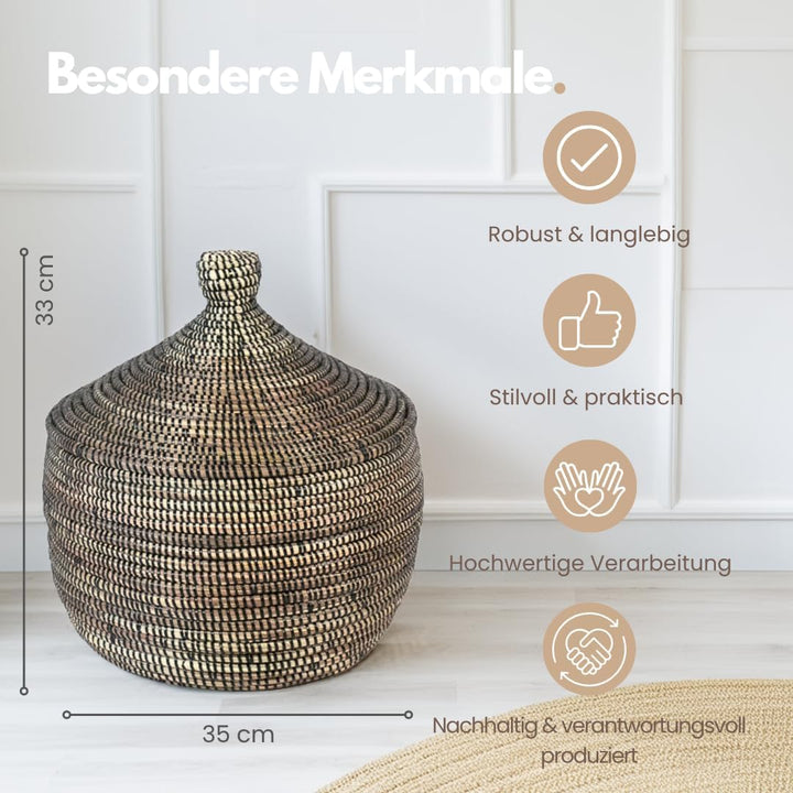 Afrikanischer Korb mit Deckel | Geflochtener Korb KAOLACK | Handgefertigt aus Savannengras | Nachhal