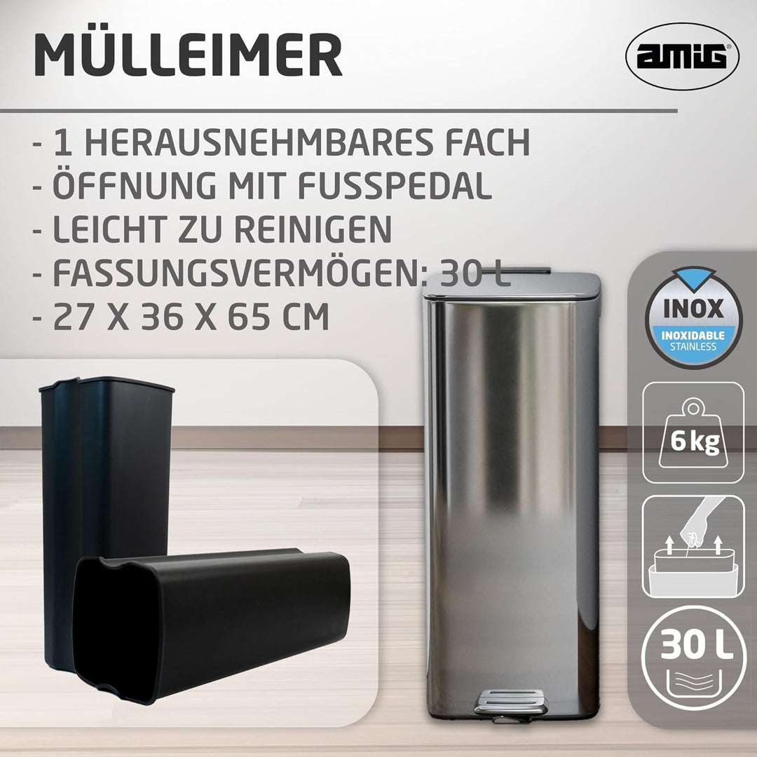 Amig - Mülleimer mit Pedal 30 Liter Mod. Artvin - Chrom - Hygienische, freihändige Öffnung - 27 x 36