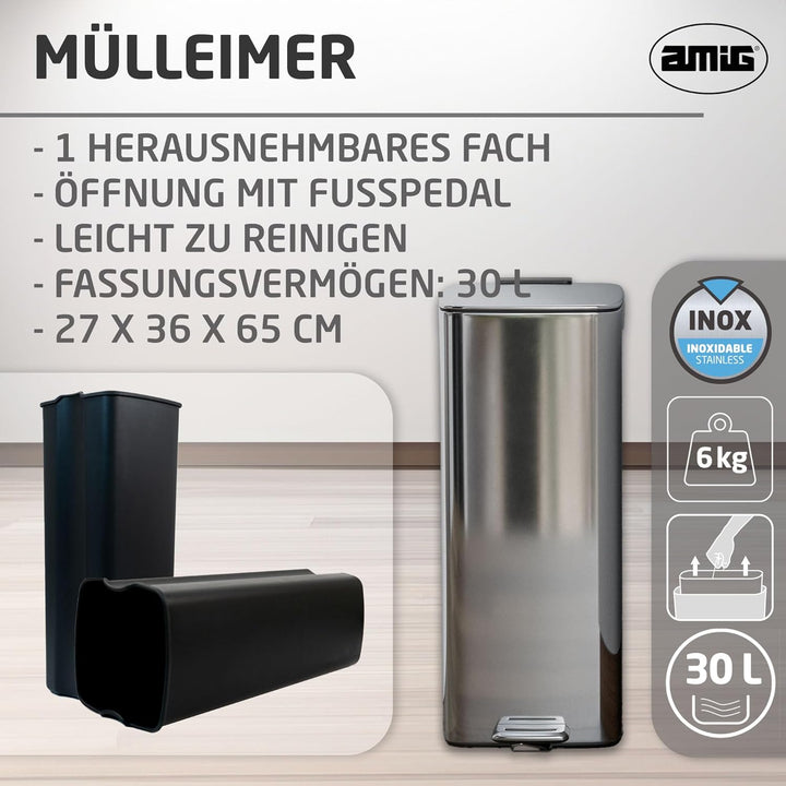 Amig - Mülleimer mit Pedal 30 Liter Mod. Artvin - Chrom - Hygienische, freihändige Öffnung - 27 x 36