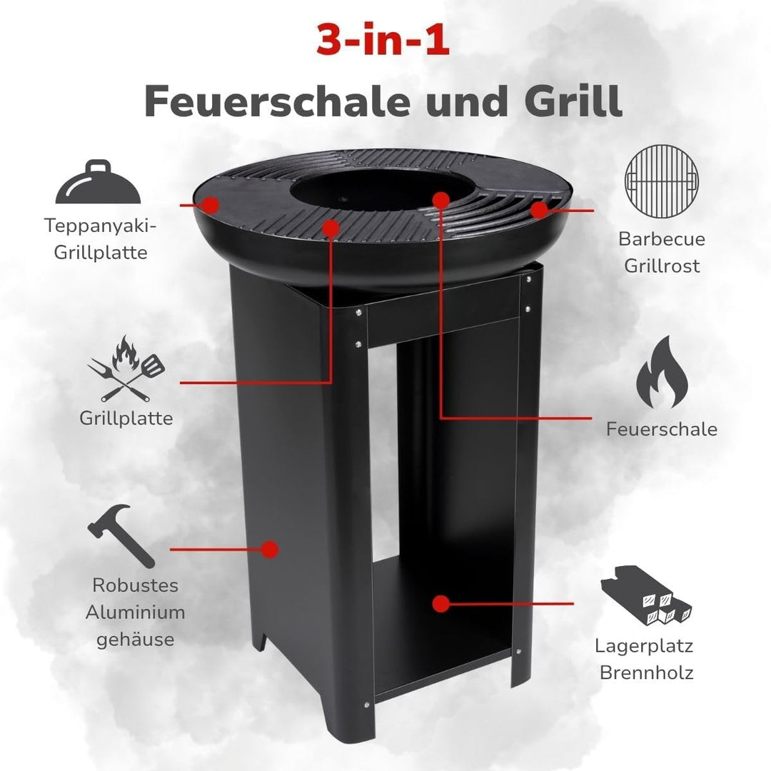 alpina 3-in-1 Feuerstelle und Grillplatte - Gartenkamin 61 x 90 cm - mit Teppanyaki-Grillplatte - Pl