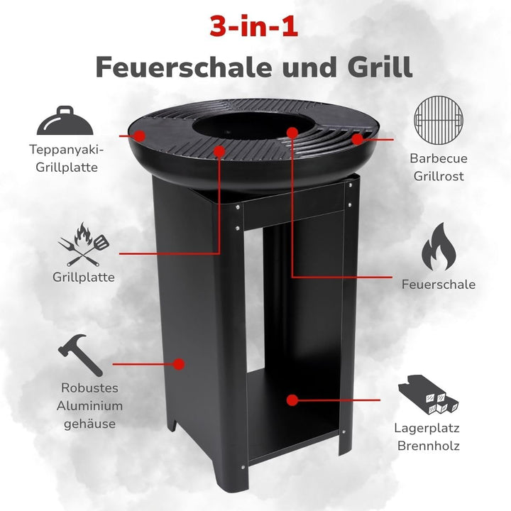 alpina 3-in-1 Feuerstelle und Grillplatte - Gartenkamin 61 x 90 cm - mit Teppanyaki-Grillplatte - Pl