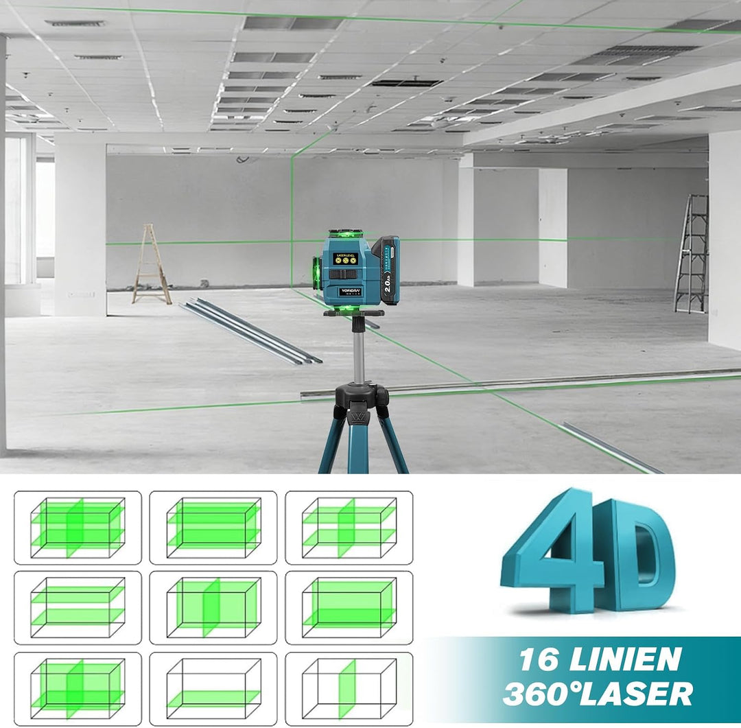 Yofidra Kreuzlinienlaser mit Stativ - 4 x 360°16 Linien Grün Laser Wasserwaage, Selbstnivellierender
