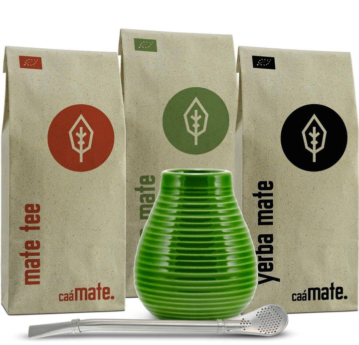 Mate Tee Set Keramik ● 3 Bio Matesorten + Matebecher + Bombilla + Zubereitungsanleitung (grün), grün
