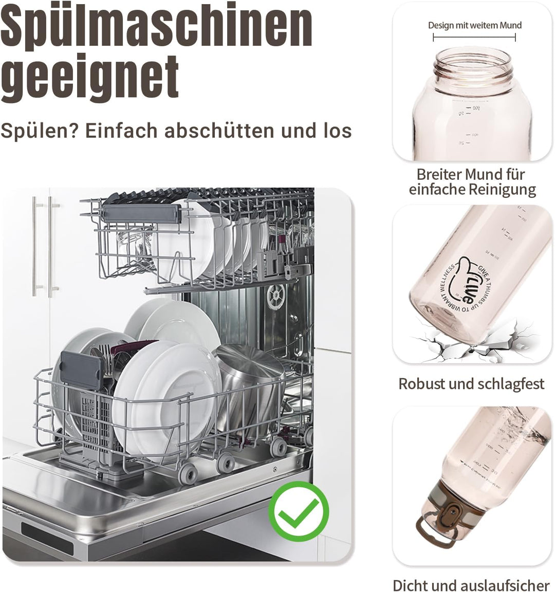 UZSPACE Trinkflasche Sport 1L, Tritan Bpa-Frei Trinkflasche Auslaufsicher mit Einhandbedienung, Kohl
