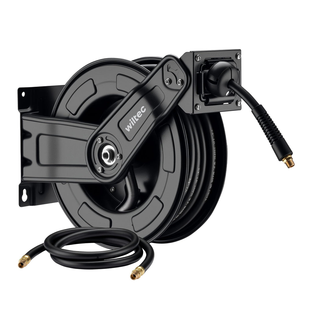 Wiltec Druckluft Schlauchtrommel 20 m, automatische Druckluftschlauchtrommel Stahl, 20 bar Druckluft