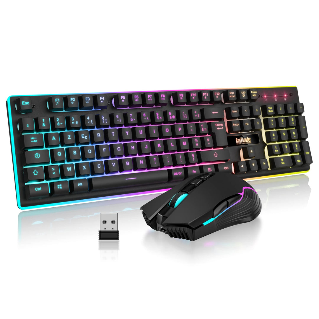 RedThunder K10 Tastatur und Maus kabellos, AZERTY FRANZAIS, Schwarz