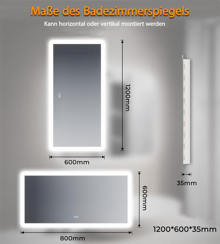 SVNR Badezimmerspiegel Mit Beleuchtung LED-120 x 60 cm Hintergrundbeleuchtung und 4mm Kupferfreiem,