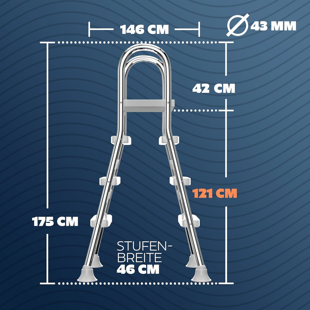 poolomio® Poolleiter Edelstahl mit Handlauf bis 120 cm | Einstiegsleiter mit 3 Stufen für Aufstellpo