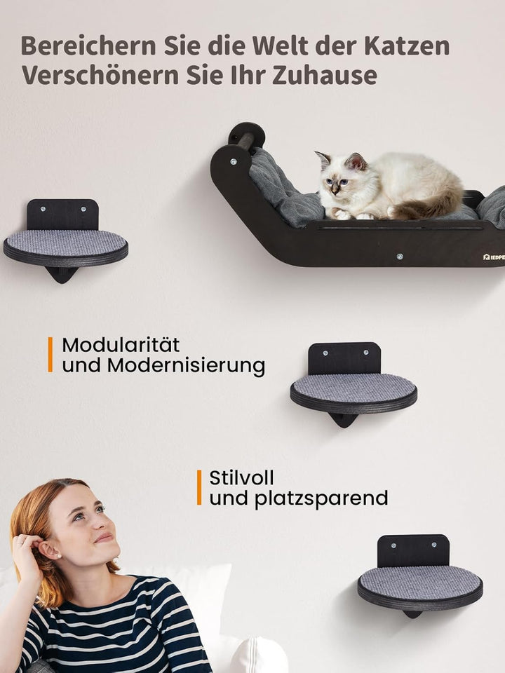 Kletterwand Katzen Set mit Katzenbett und 3 Stufen, Katzenmöbel aus Holz Katzentreppe, Katzen Wandel