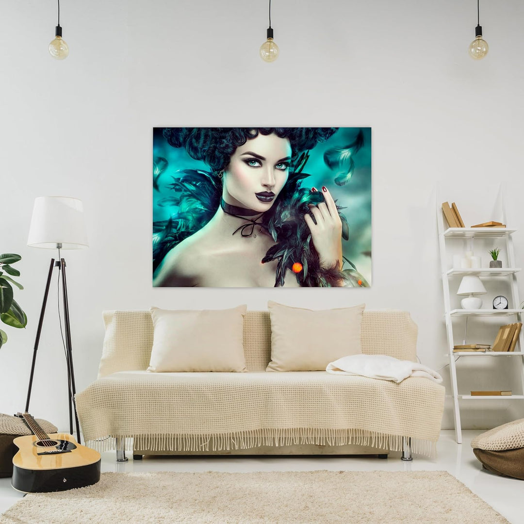 wandmotiv24 Leinwandbild Models, 40x30cm, Querformat, Frau, Federn, Deko, Bilder auf Leinwand, Wandd